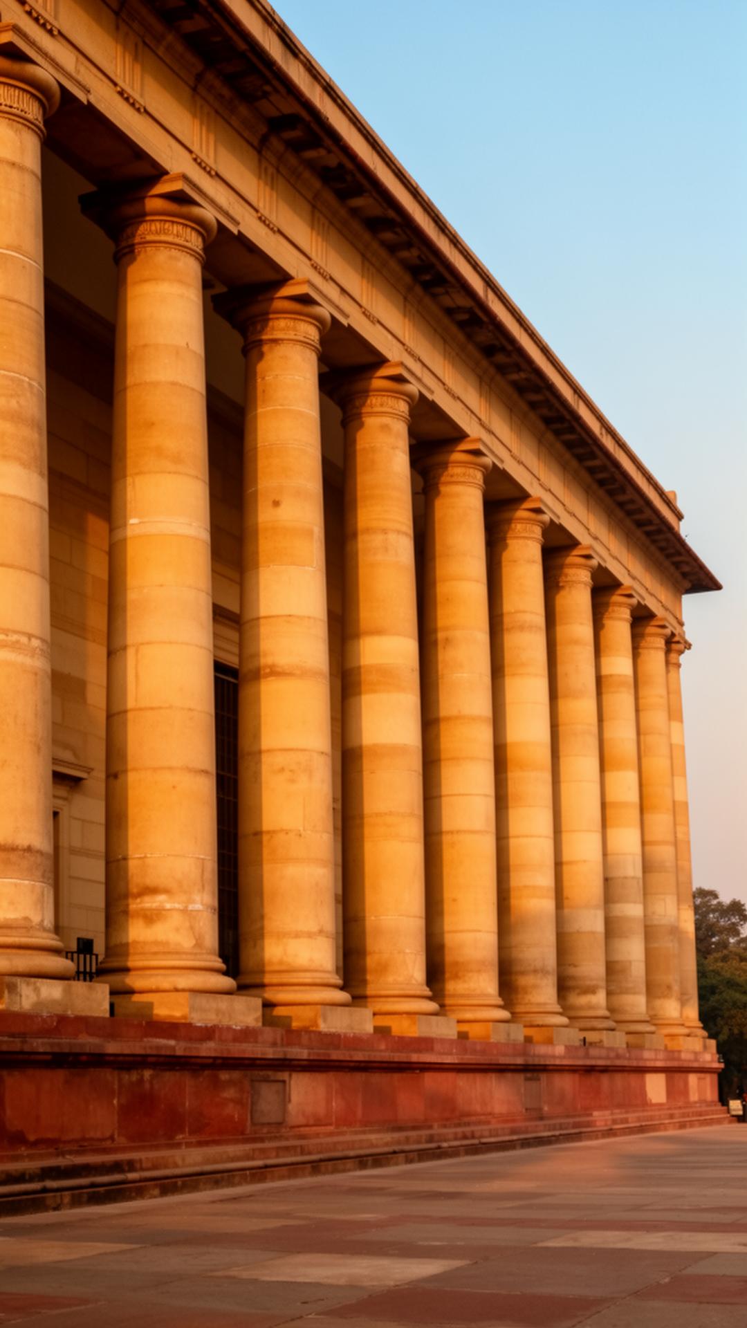 Sandstone colonnade of a New Delhi government building at golden hour
